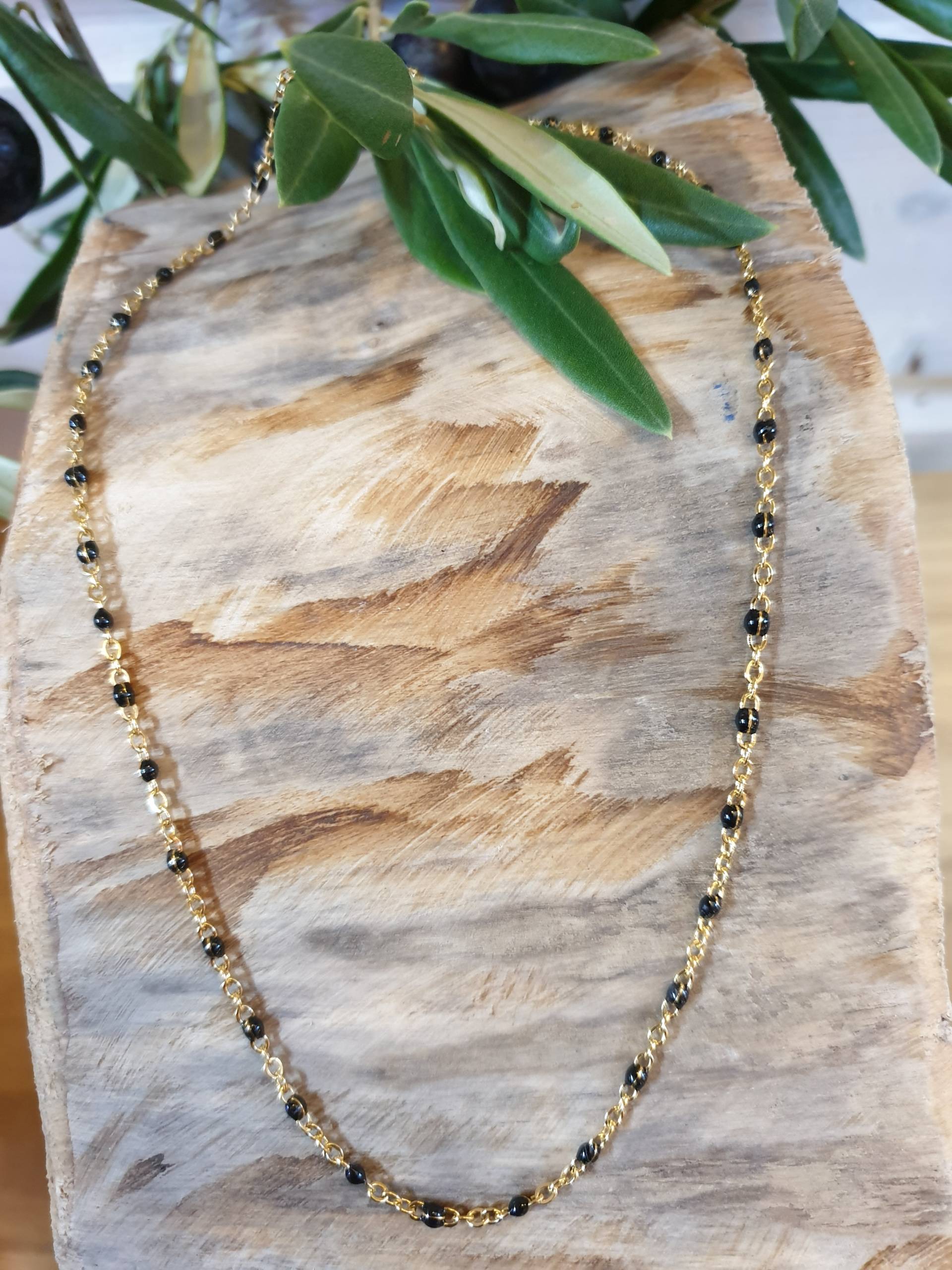 Collier acier inoxydable, perles émaillées noire