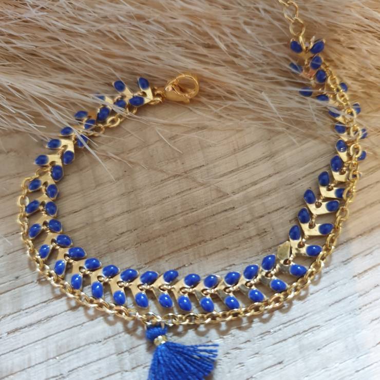 Bracelet chaîne épis doré émaillée bleu roi