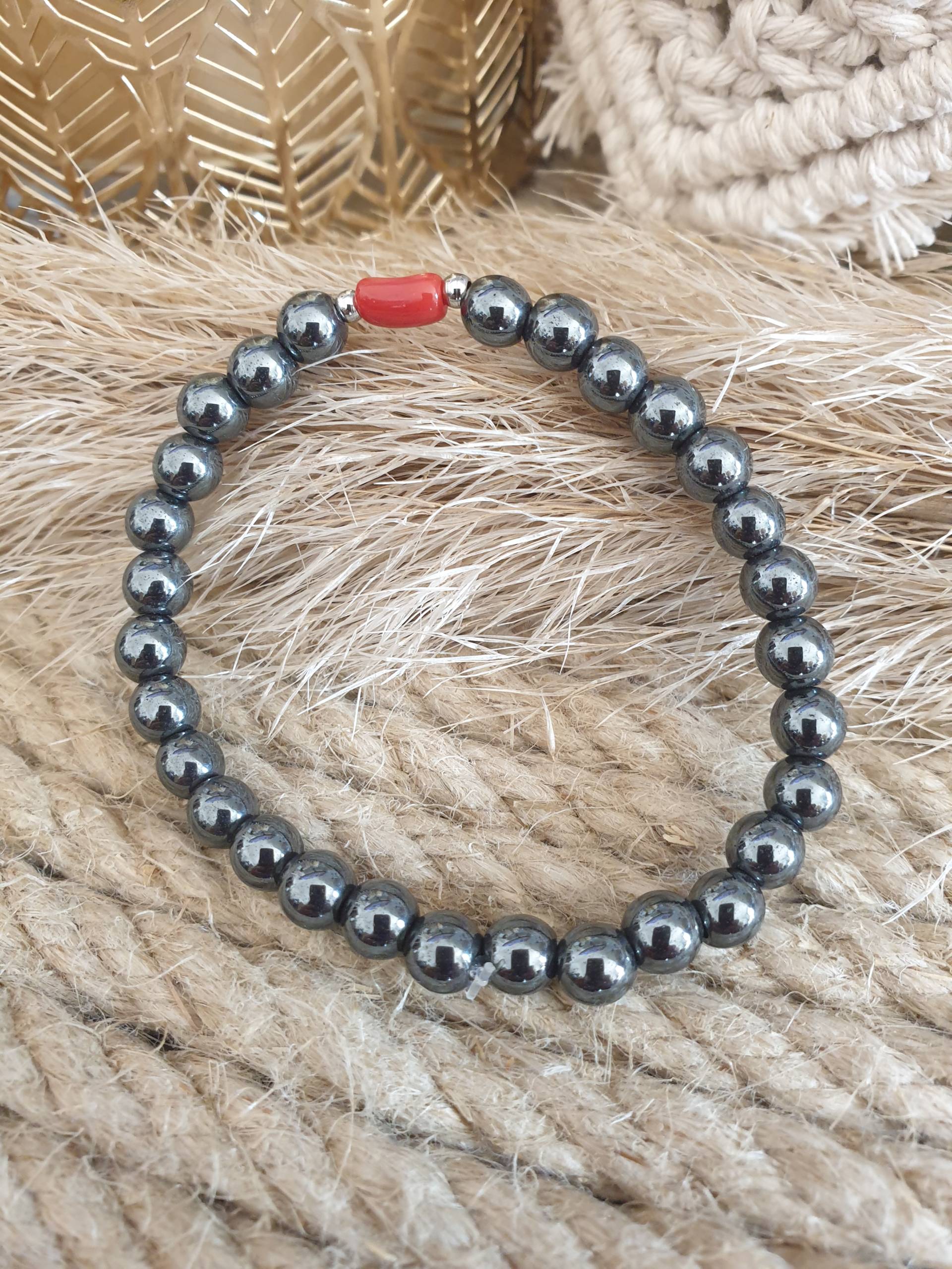 Bracelet perles en pierres naturelles hématite 4mm avec perles de corail